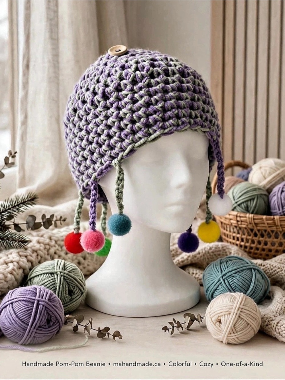 Handmade Crochet Pom-Pom Beanie in Purple & Green